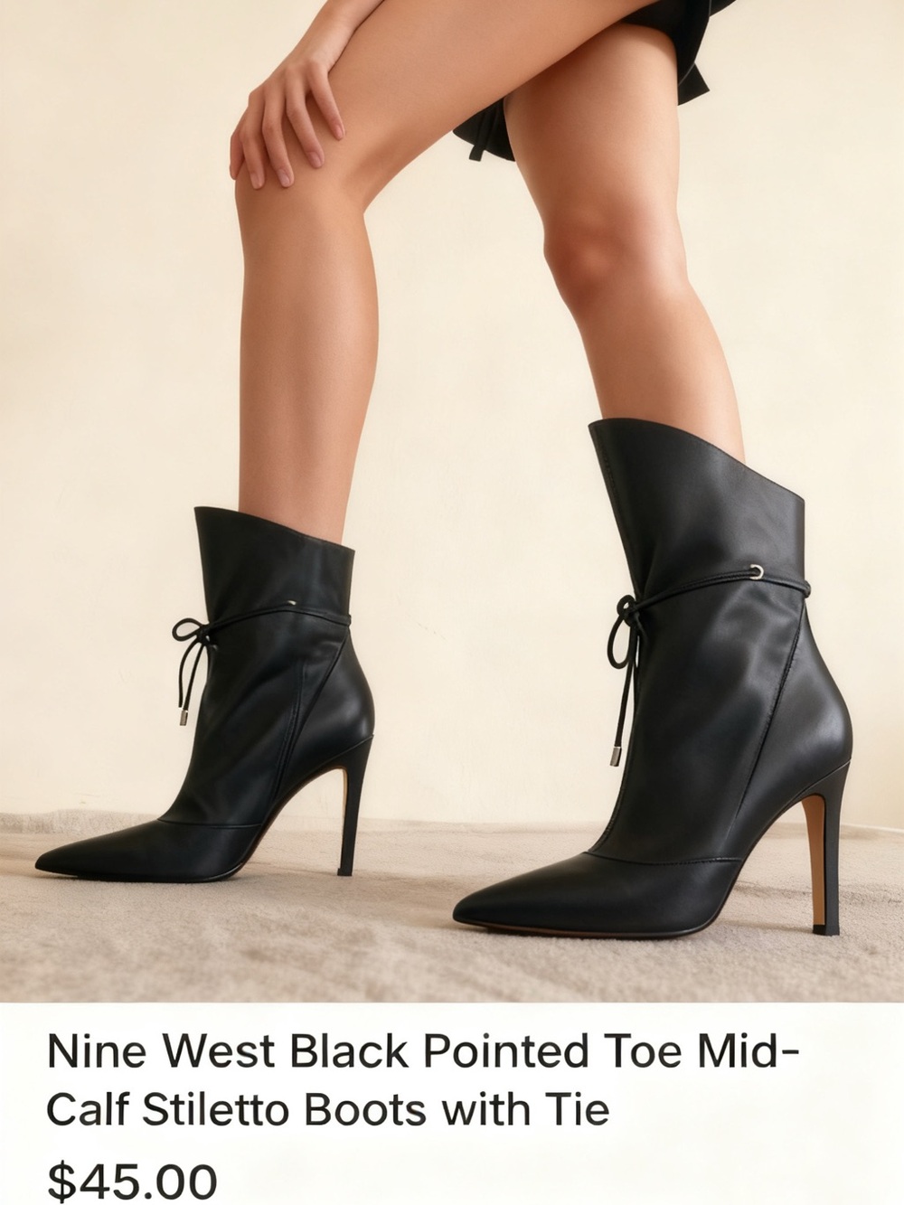 Nine West Black Pointed Toe Mid-Calf Stiletto Boots with Tie